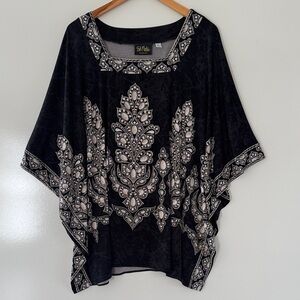 Bob Mackie Kaftan Tunic Top Womens 2X Cream Paisley Medallions Wearable Art